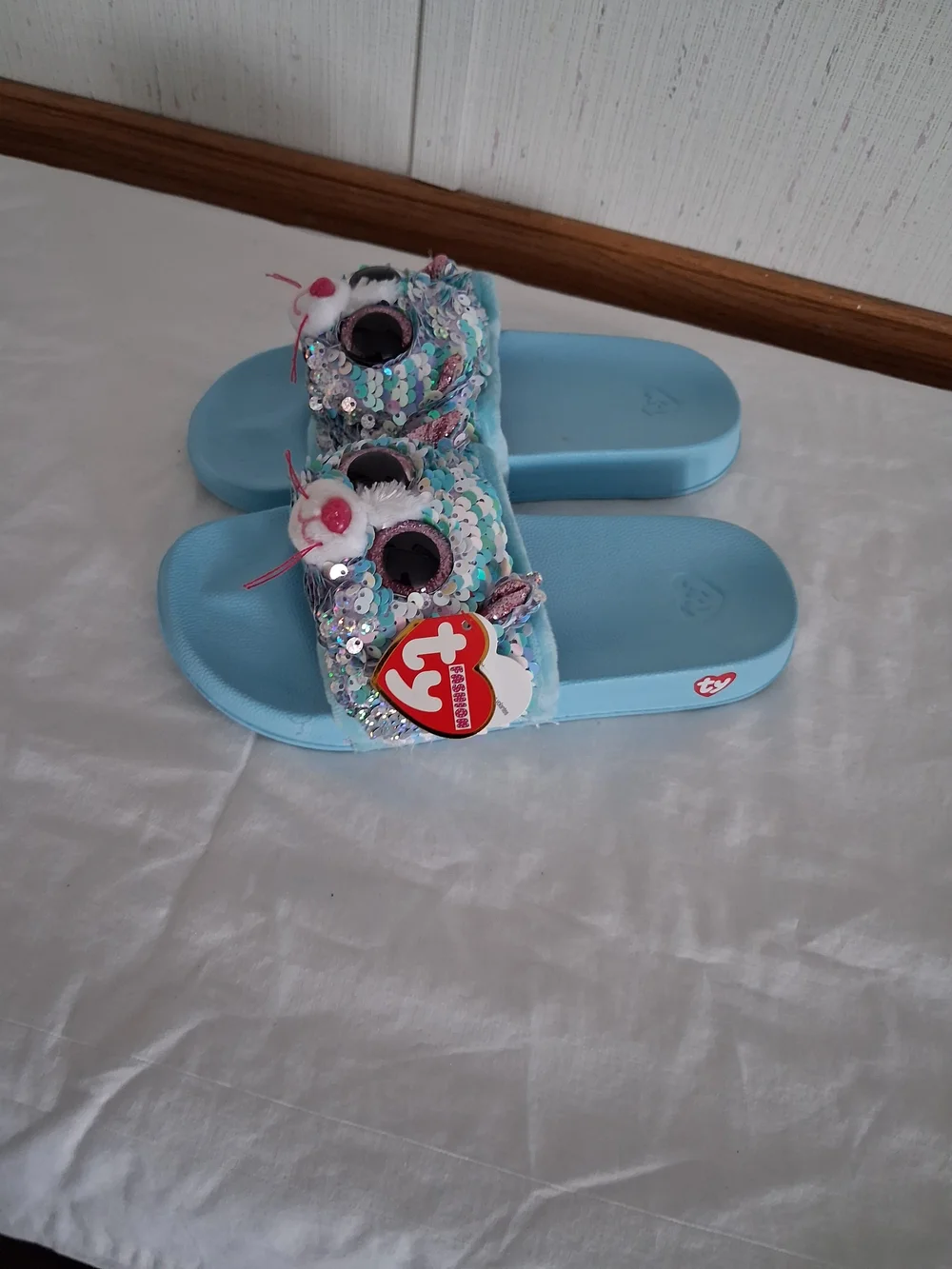 Ty Light Blue Sequin Cat Slide Sandals